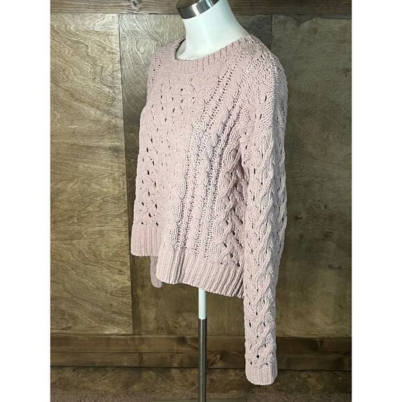 Open Knit Long Sleeve Sweater Textured Pullover Relaxed Fit Pink - Picture 2 of 5